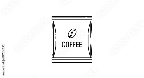 Minimalist line art illustration of a sealed coffee bean bag with a single coffee bean icon on the front printed label.