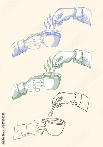Vintage Engraving Style Illustration of Hands Holding Coffee Cup and Stirring with Spoon,easy editable set variation object.
