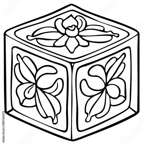 Elegant Cubic Box Adorned with Stylized Floral Decorations in Outline Style