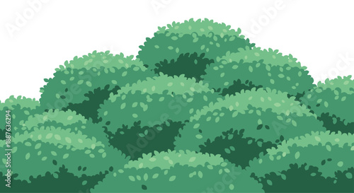 Lush green bushes and dense shrubs illustrated in a soft painterly style creating a thick hedge or garden border.
