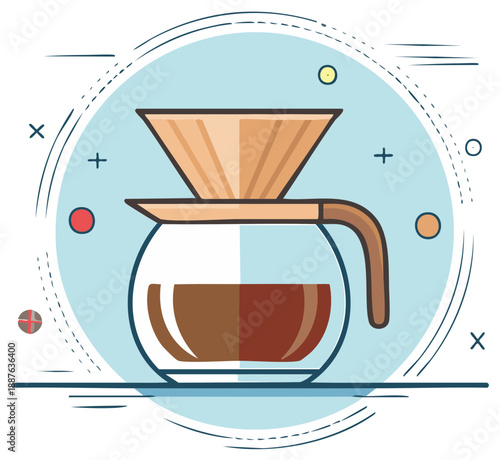 Pour over coffee brewing illustration with glass carafe and filter cone on blue background