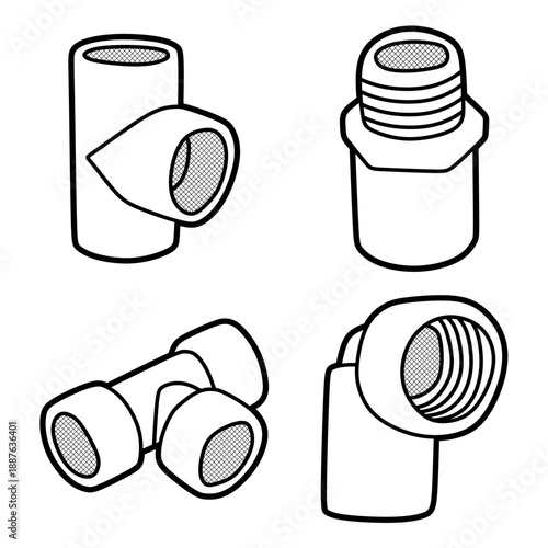 four simple pvc pipe connection images, line art