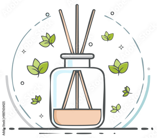 Fresh aroma reed diffuser bottle with green leaves for home wellness and natural scent