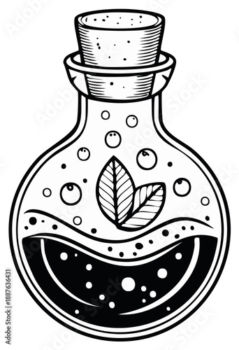 Whimsical Potion Bottle with Bubbles and Leaves, Hand-Drawn Illustration