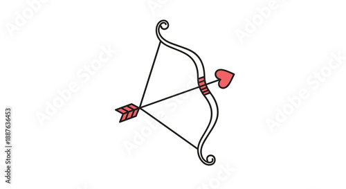 Cupid bow and arrow with a red heart tip isolated on a white background for valentines day and romantic themes.