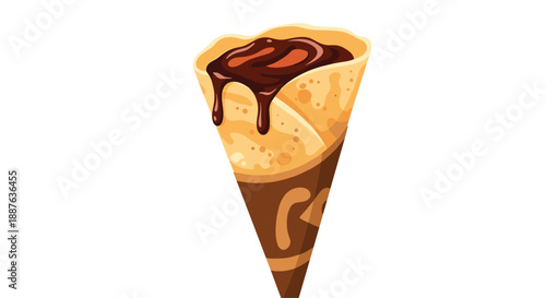 Delicious crepe folded into a cone shape and topped with dripping rich chocolate sauce on a white background.