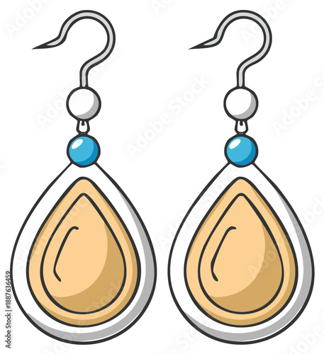 Decorative teardrop earrings with blue beads and gold accents detailed illustration