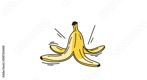 Yellow banana peel on the floor illustrating a slipping hazard or a funny accident isolated on a white background.