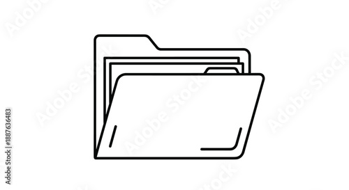Outline icon of an open file folder containing documents isolated on a white background for office and data storage.