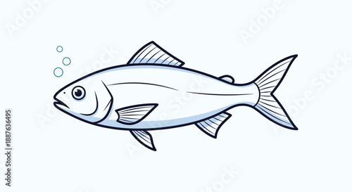 Silvery fish swimming with small bubbles isolated on a light blue background for marine and aquatic life concepts.