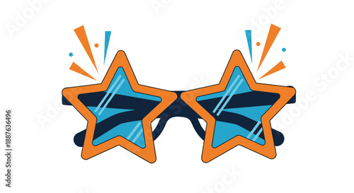 Pair of orange and blue star shaped sunglasses with colorful decorative elements isolated on a white background.