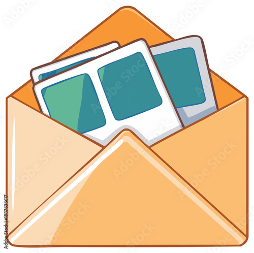 Cartoon illustration of an open orange envelope containing instant photographs for sharing memories