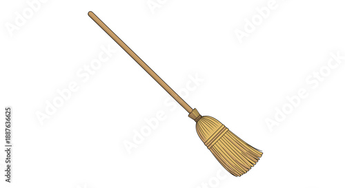 Classic wooden handle straw broom placed diagonally isolated on a white background for cleaning and household themes.
