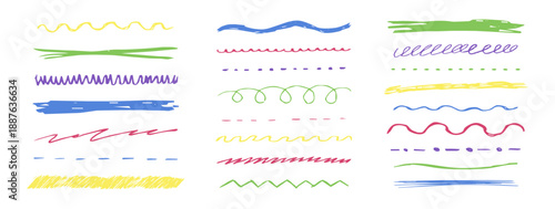 Underline chalk lines and squiggles set, hand drawn doodle sketch colorful underlines thick line border, swoosh. Textured sketchy crayon brush scribbles or wavy strokes