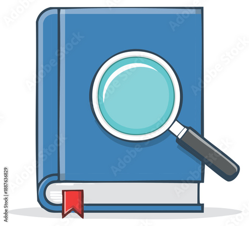 Cartoon illustration of a magnifying glass on a blue book for research and study concepts