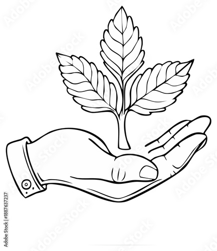 Hand holding a young plant symbolizing growth and nature preservation in a minimalist line drawing style