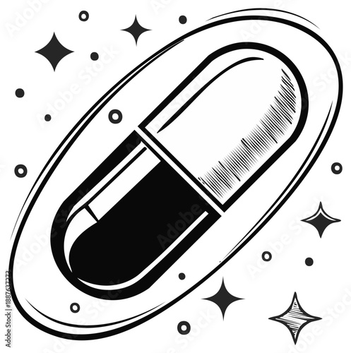 Stylized black and white illustration of a pharmaceutical capsule with sparkling stars and dots