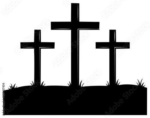 Three black crosses silhouette on hill, spiritual religious Easter concept, faith, good Friday or christianity symbols