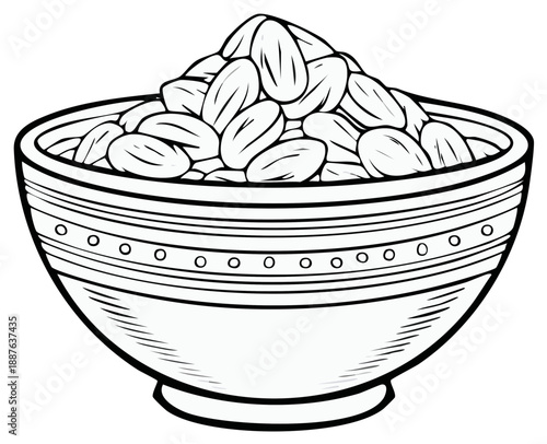 Bowl overflowing with a generous pile of almonds in a decorative ceramic dish line art illustration
