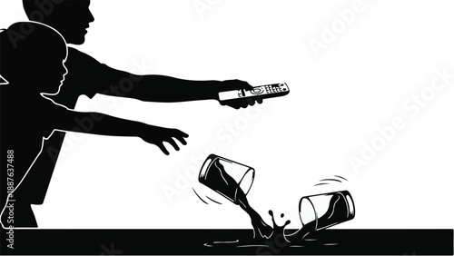 Father and child accidentally spill drinks while reaching for remote control.