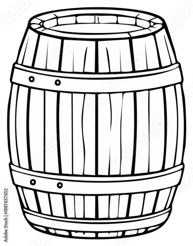 Illustration of a Wooden Barrel with Hoops for Drink Storage in Black and White
