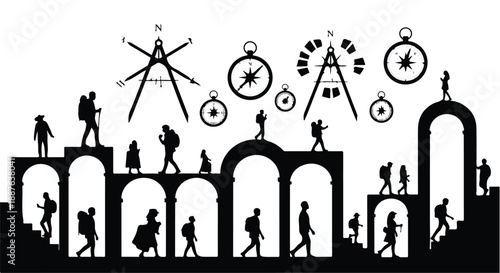 Silhouettes of travelers with backpacks ascending and descending architectural structures under navigational instruments.