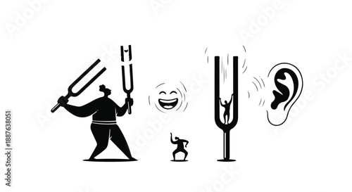 Sound waves from a tuning fork create vibrations, affecting tiny people and a large ear.