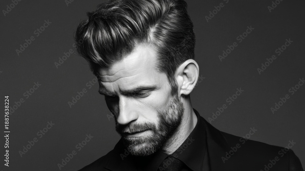 Fototapeta premium Elegant portrait of a well-groomed man with styled hair in a classic suit against a dark background showcasing refined masculinity and sophistication.