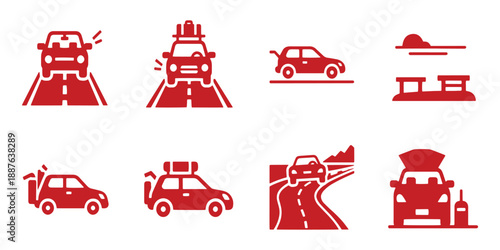 Set of 8 Red Car Travel and Road Trip Vector Icons