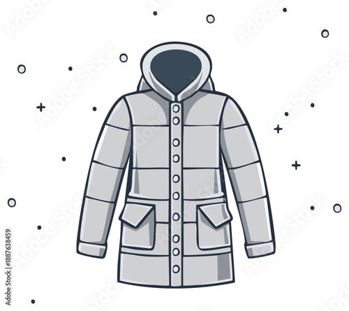 Warm Winter Parka Jacket with Hood and Pockets, Winter Clothing Illustration