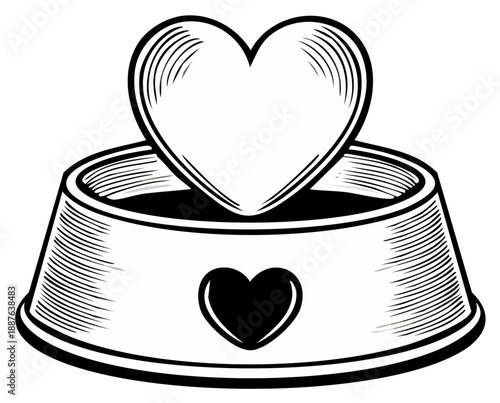 Heart-shaped pet food bowl graphic illustration, engraving style.