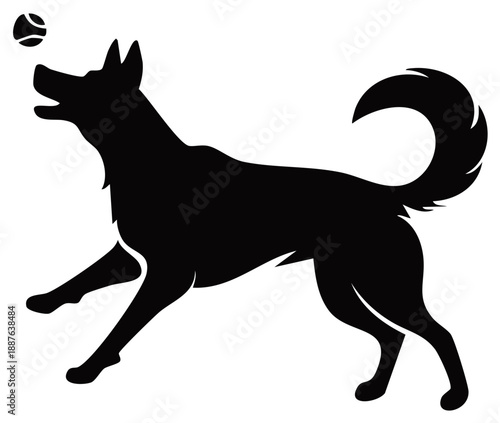 Dynamic vector silhouette of a playful dog jumping to catch a tennis ball.