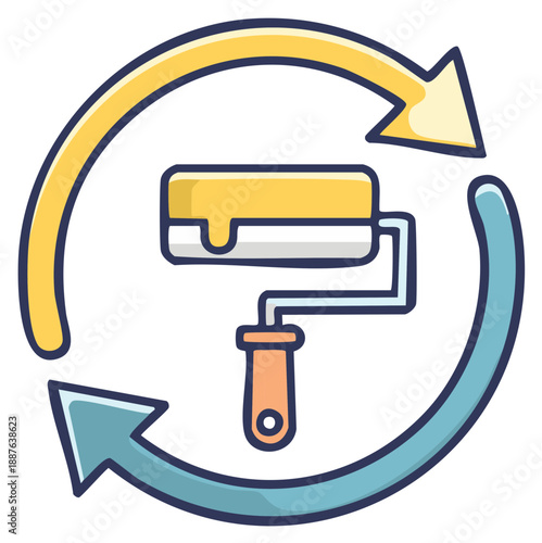 Paint roller with circular arrows, symbolizing home renovation, refresh, and improvement process
