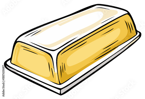 Illustration of golden brick on a tray, reminiscent of gold bars or butter, featuring simple cartoonish style and vibrant colors