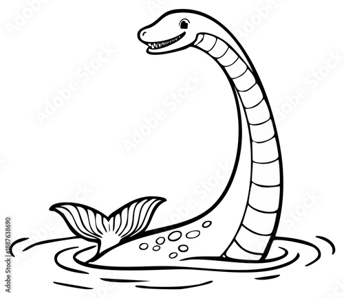 Friendly Loch Ness Monster in Water Illustration Creature in Line Art. Cartoon Sea Serpent Sketch