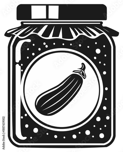 Vector jar of eggplant preserve illustration showcasing homemade canning in black and white with vintage styled label and detailed airtight lid