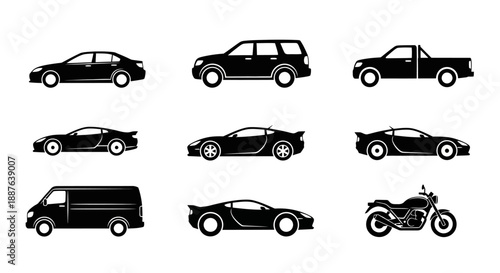 Collection of Silhouetted Vehicles Including Cars Trucks and Motorcycle.
