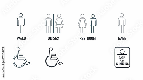 Collection of restroom and accessibility signs.