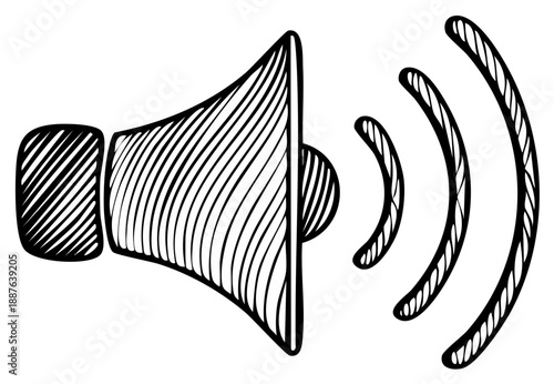 Hand Drawn Loudspeaker with Sound Waves Illustration in Black and White