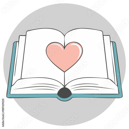 Open book with a sweet pink heart illustration symbolizing love of reading stories or romance