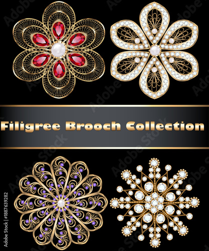 Illustration collection of gold jewelry brooches with filigree and precious stones.
