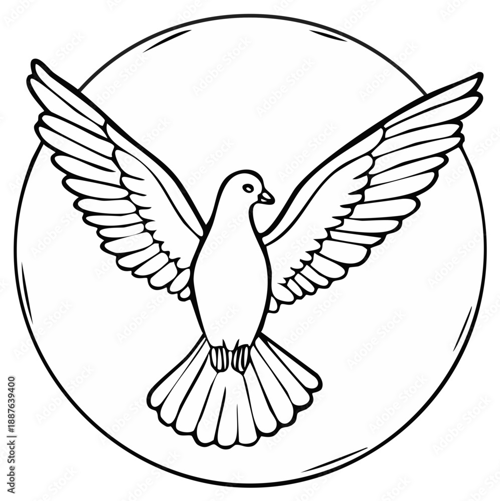 Obraz premium Black and white illustration of dove bird inside a circle emblem