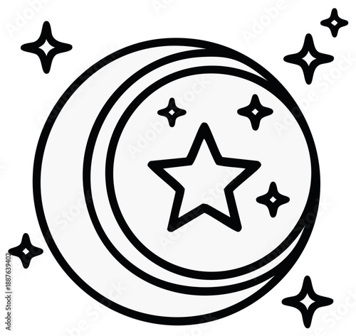 Stylized black outline crescent moon and sparkling stars vector illustration celestial night sky icon