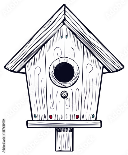 Rustic wooden birdhouse on a post hand drawn vector illustration