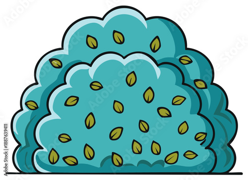 Stylized teal blue bush with scattered green leaves and a simple ground line