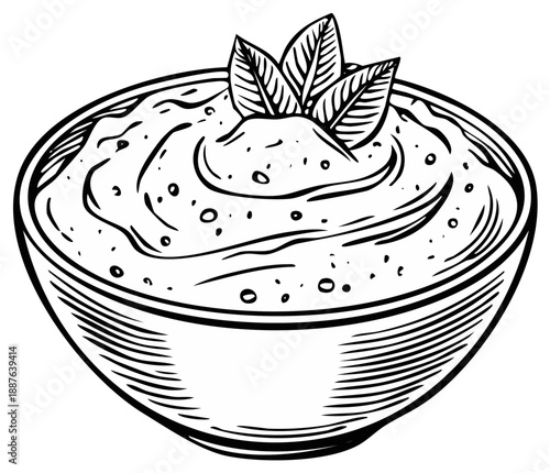Hand drawn bowl of creamy dip garnished with fresh green leaves and herbs