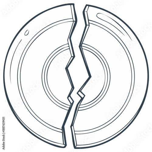 Broken plate illustration, cracked dish, damaged kitchenware, outline