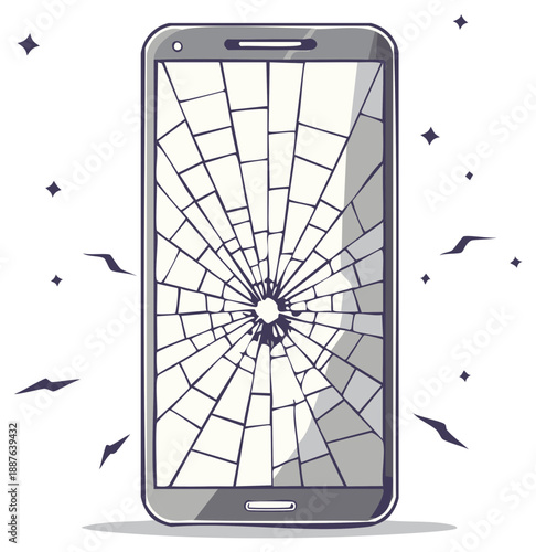 Broken smartphone screen with radiating cracks, vector illustration