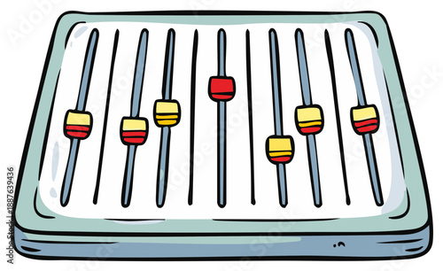 Cartoon audio mixing console illustration with sliders and controls