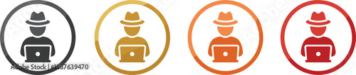 Remote worker hacker icon set in colored circular badges vector illustration for cybersecurity anonymous online activity concepts design